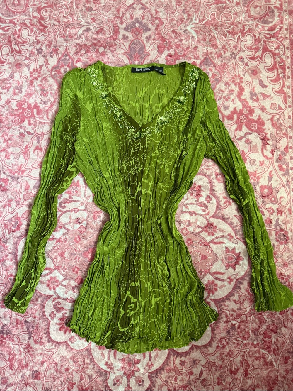 theory Lime Green Crinkle Long-Sleeve V-Neck Top with Beaded Detail
